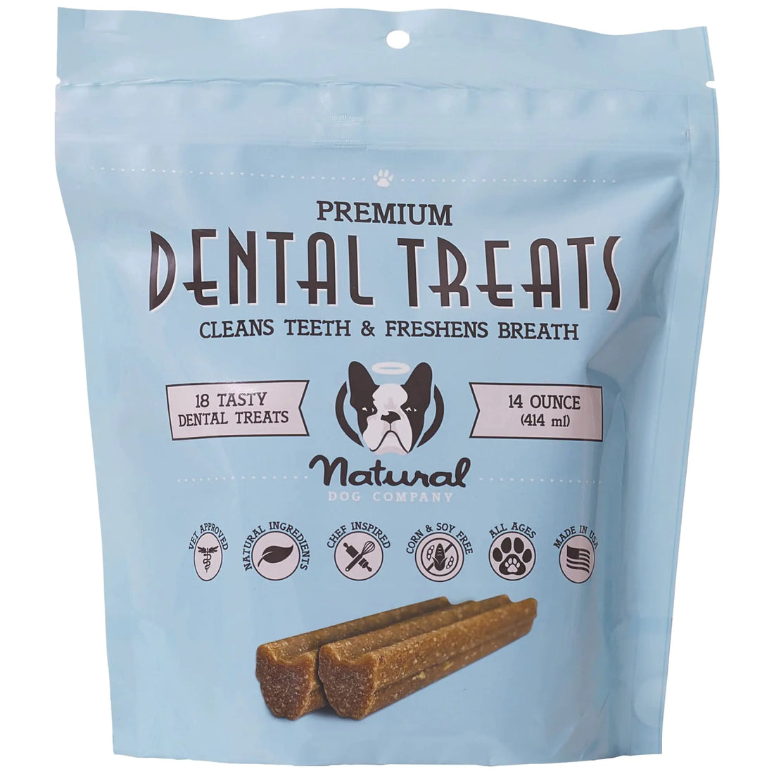 Package of Premium Dental Treats for dogs with a light blue background