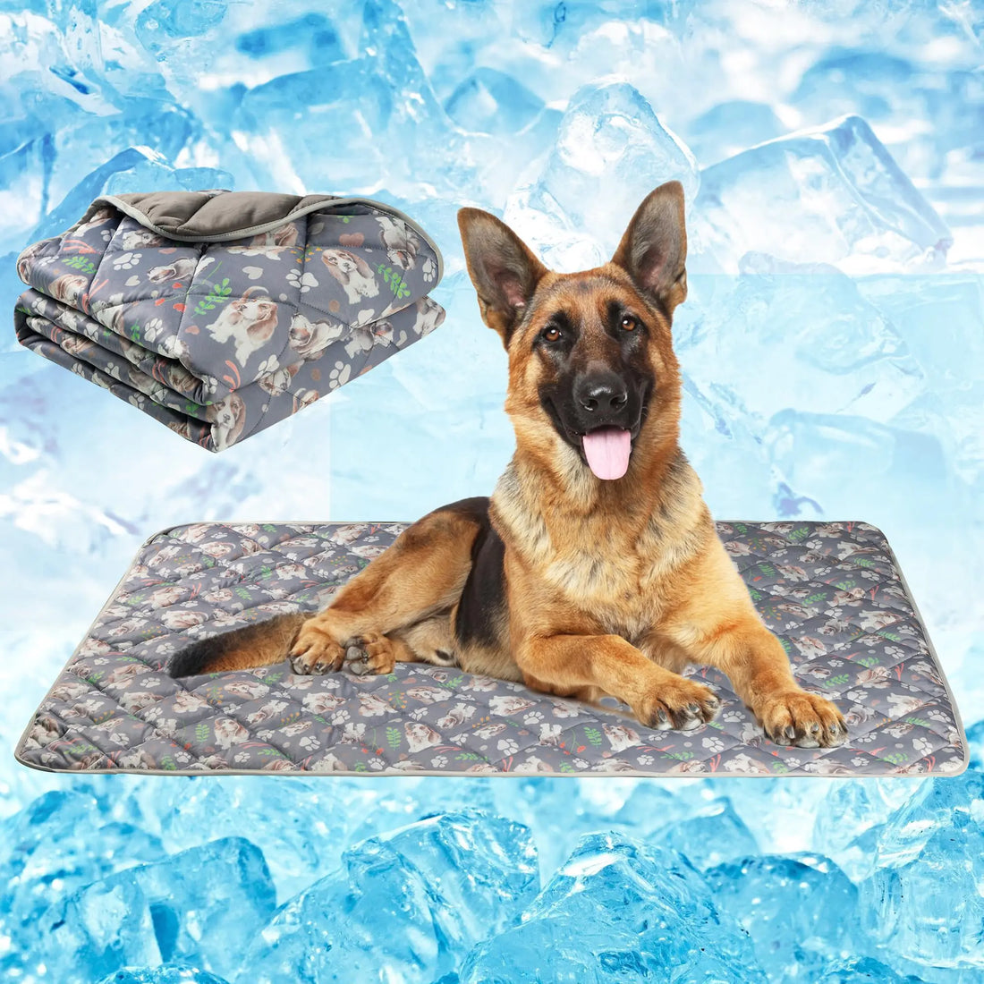 Dog lying on a cooling pad with a folded pad above, set against a blue ice background.