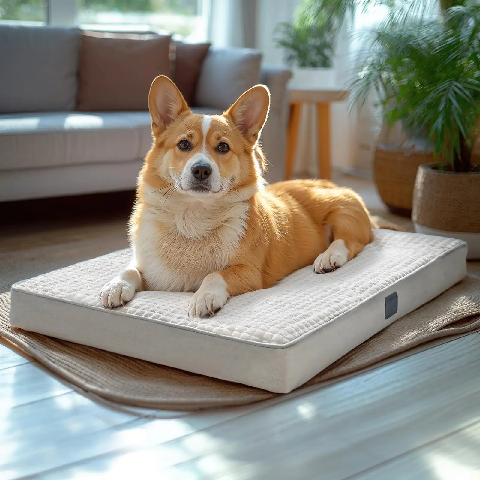 Dog lying on a large dog bed in a living room.