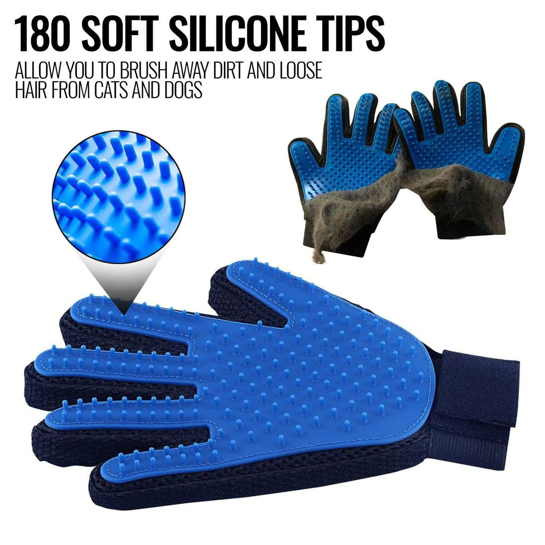 Blue grooming gloves with silicone tips for pet hair removal on a white background