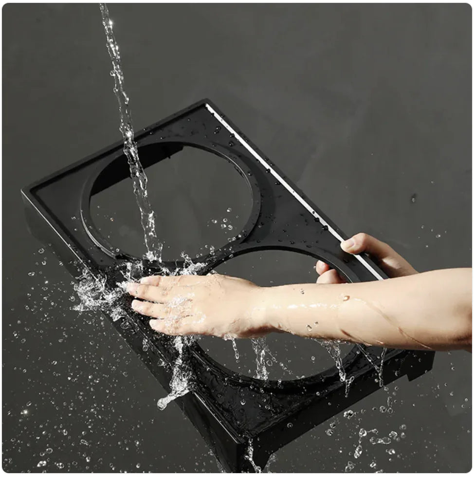 Pet feeding station with two bowls on a black stand, showing dimensions.