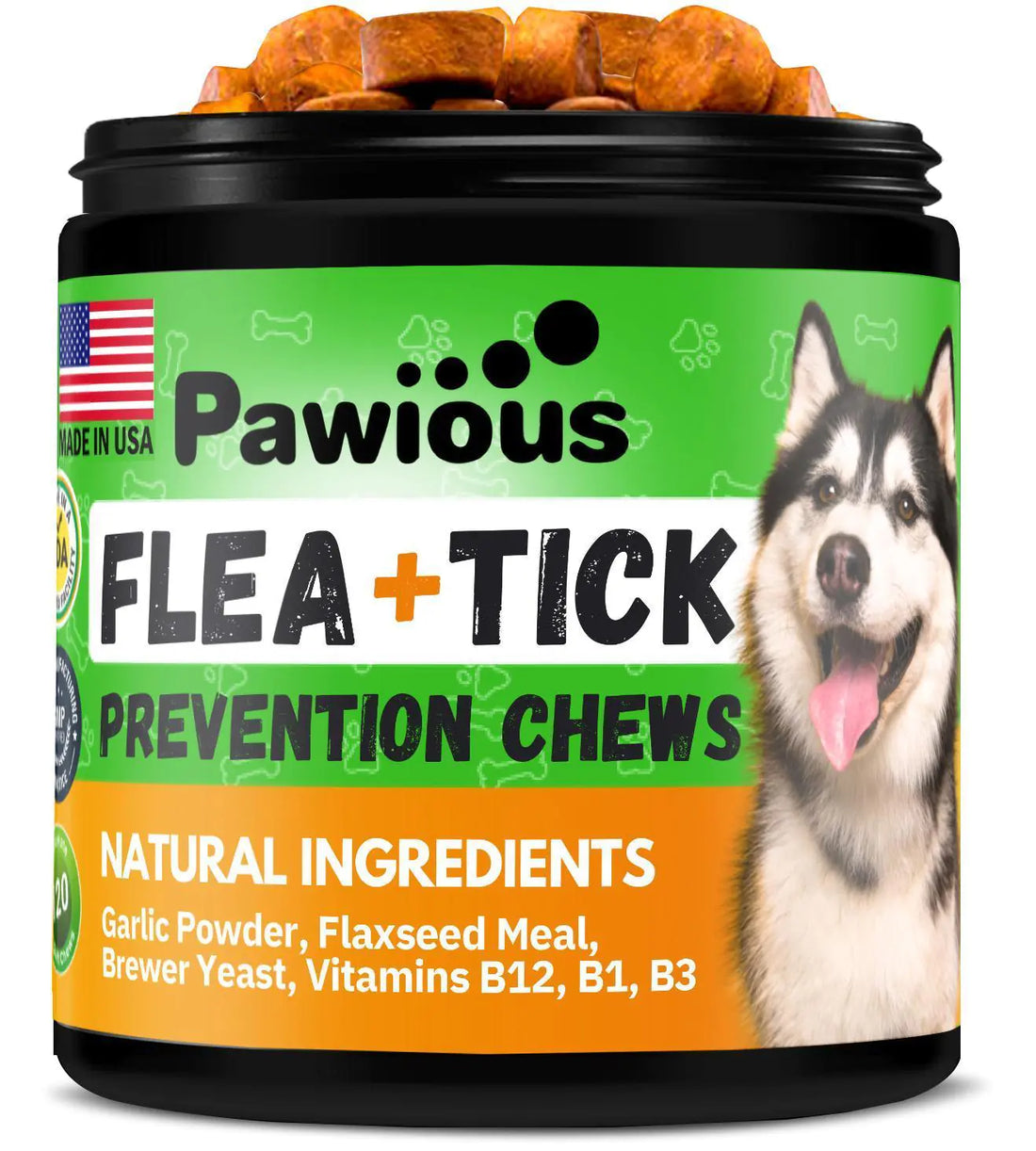 Pawious flea and tick prevention chews for dogs with a green and orange label and a dog on it.