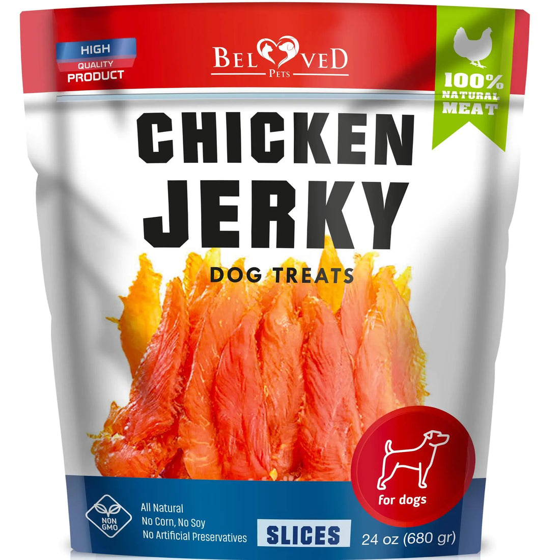 Package of Beloved Pets Chicken Jerky Dog Treats on a white background