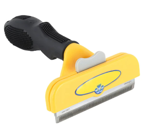 Orange and black squeegee with a blue handle on a white background