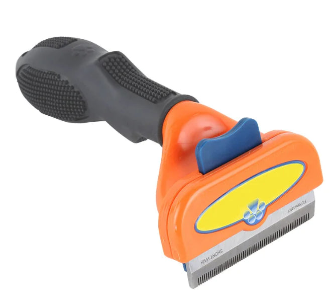Orange and black squeegee with a blue handle on a white background