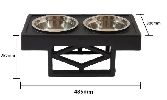 Pet feeding station with two bowls on a black stand, showing dimensions.