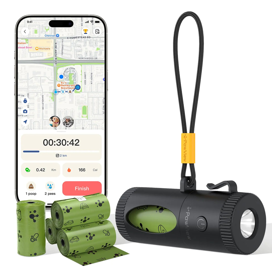 Pet waste management system with app, black device, and green bags on a white background